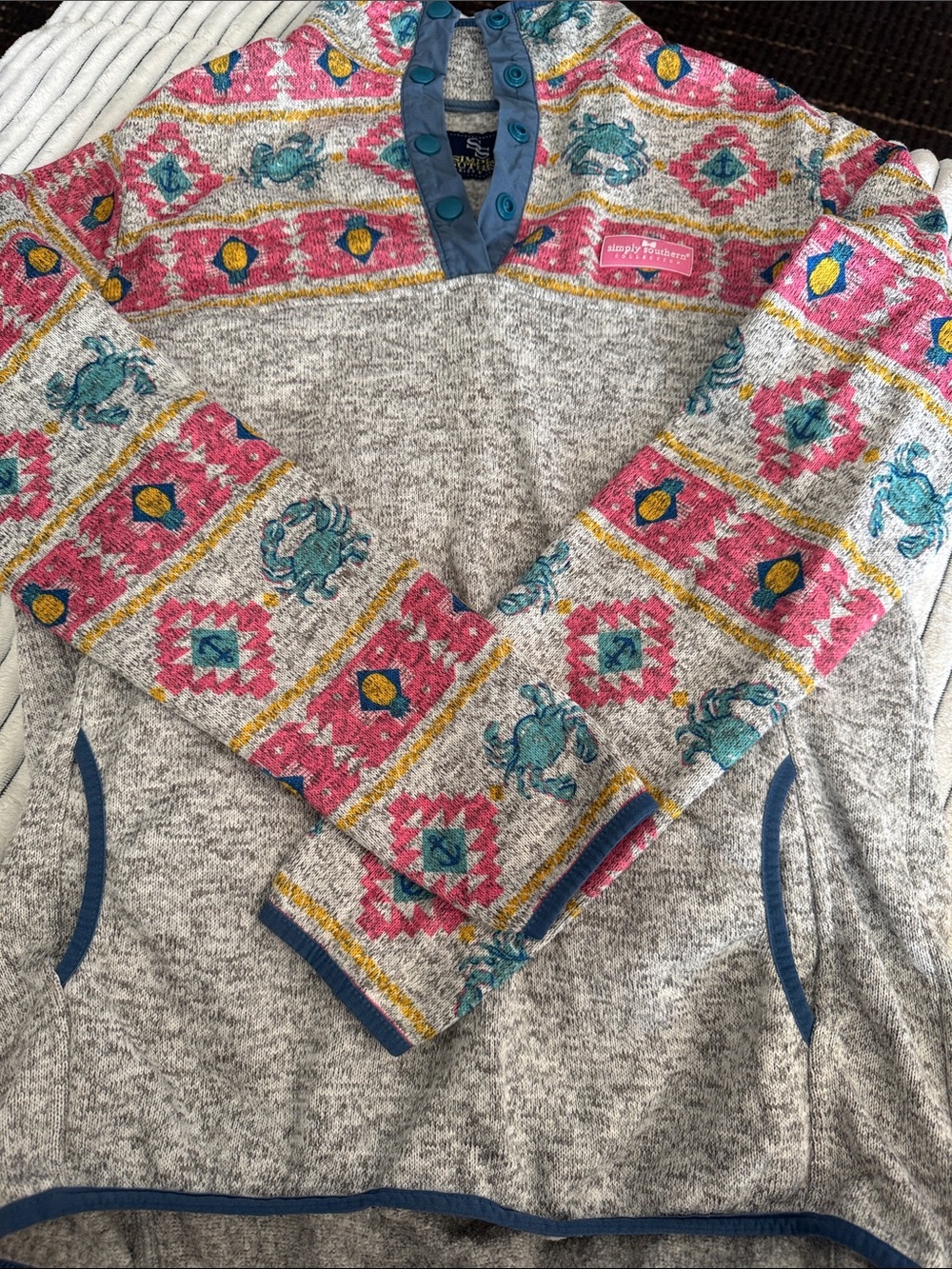 Simply Southern Gray Pullover with Pink and Teal Aztec Accents 0158